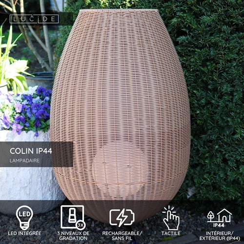 Lucide COLIN IP44 - Lampadaire Rechargeable Intérieur/Extérieur - Batterie/Piles - LED 3 StepDim - 1x3W 3000K - IP44 - Naturel - USP